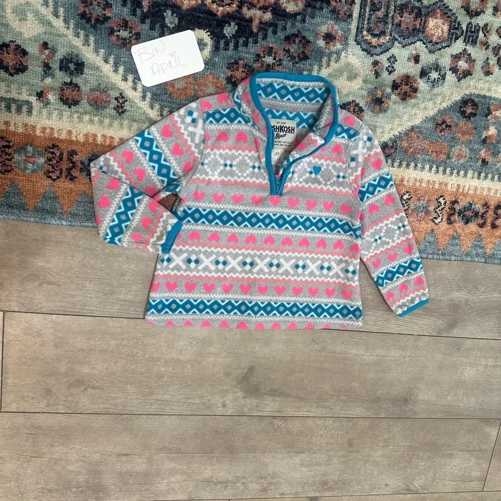 Y2K OshKosh B'Gosh Toddler Girl Fair Isle Print Pullover Sweater 3T Quarter-Zip